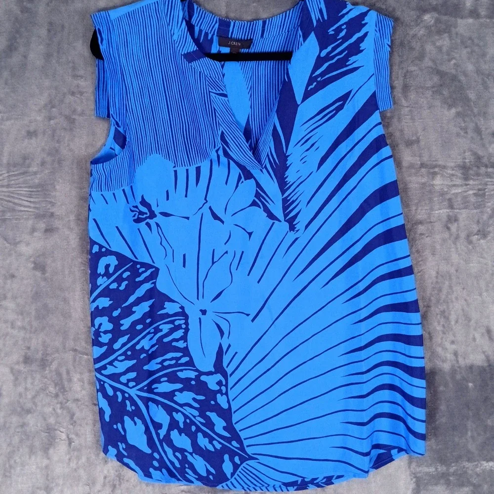J.Crew Silk Top Womens 12T Blue Tropical‎ Floral V-Neck Sleeveless Coastal Boho